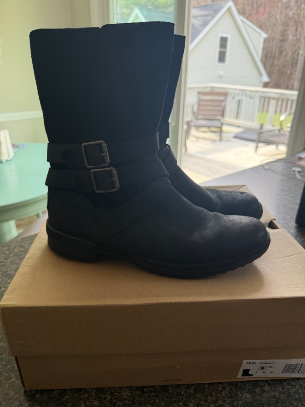 UGG Women's Black Mid-Calf Buckle Moto Boots